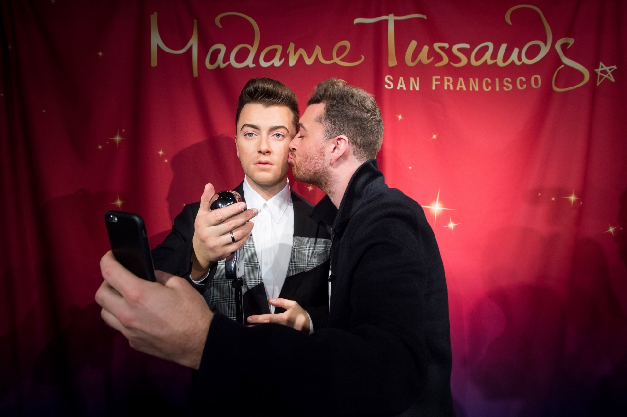 Sam Smith Gets A Glossy Doppelganger Feel Free To Squeeze My Wax Bum 'i'm ready' with demi lovato. the line of best fit